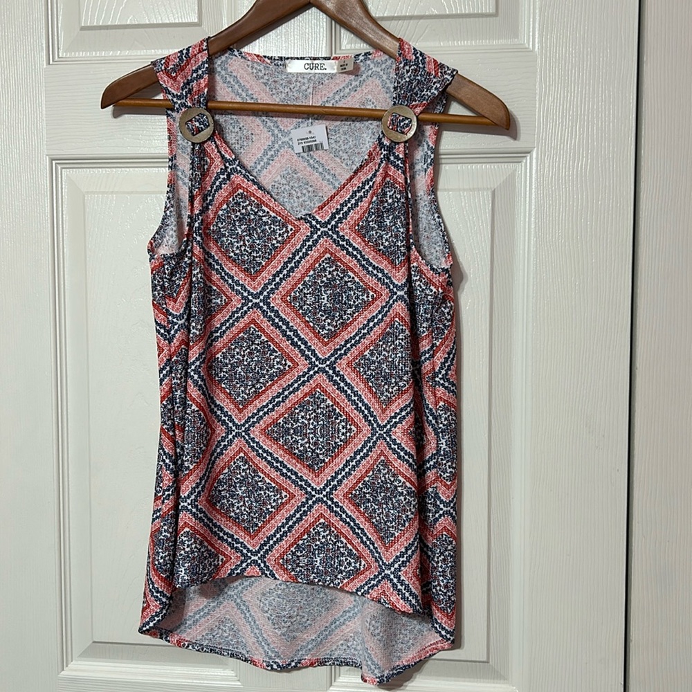 CURE Women’s Red/Blue Floral Tank Top Blouse Waffle Knit NWT S